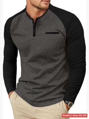Men's Long Sleeve Henley Shirt Cotton Blend Regular Fit Button Front Pocket